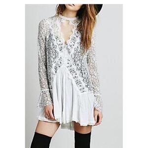 Free people shirt top xs black white lace keyhole boho bohemian cottage core